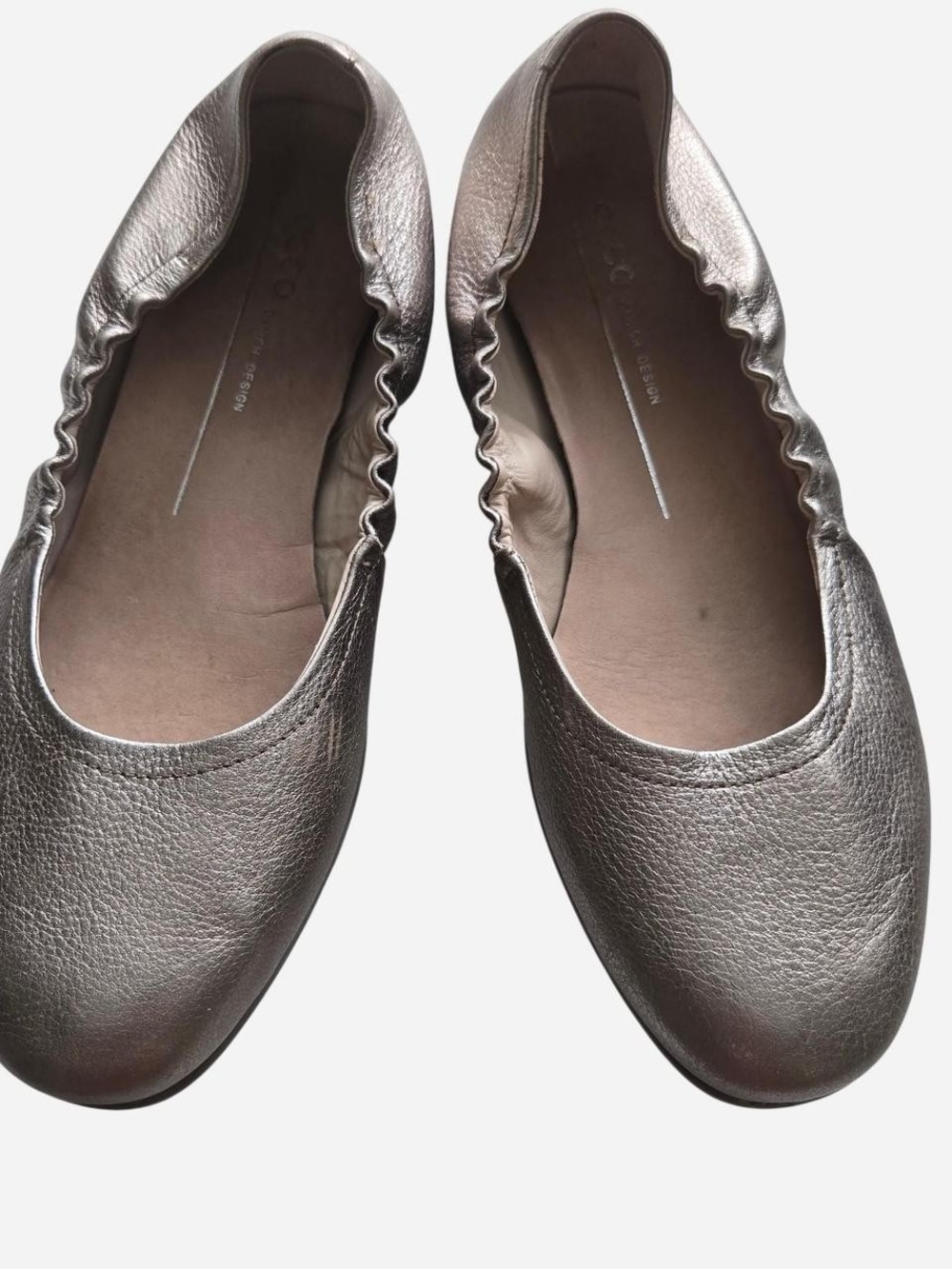 Ecco Metallic Pewter Ruched-Top Flats Danish Design Size 9